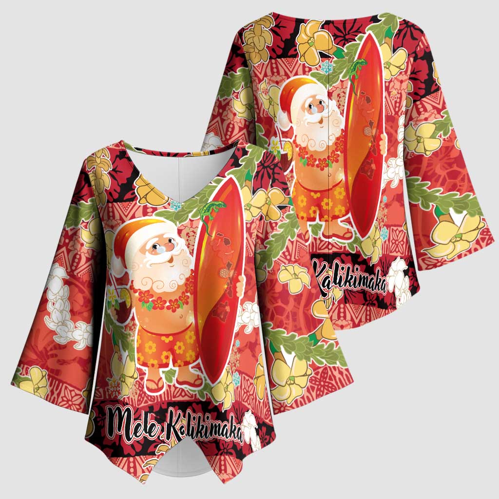 Hawaii Santa Mele Kalikimaka Kimono Sleeve Blouse Tropical Puakenikeni Lei with Polynesian Tribal Pattern LT03 - Polynesian Pride