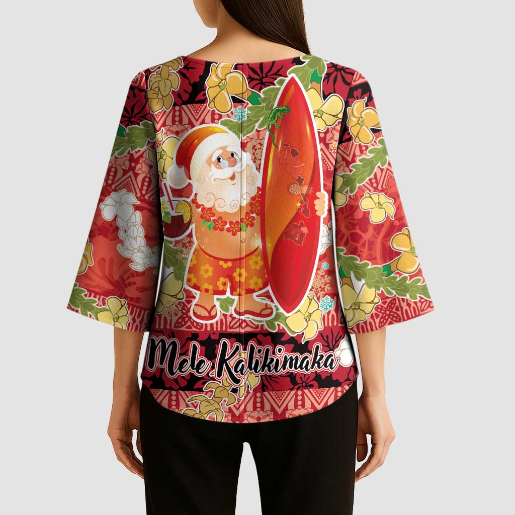Hawaii Santa Mele Kalikimaka Kimono Sleeve Blouse Tropical Puakenikeni Lei with Polynesian Tribal Pattern LT03 - Polynesian Pride