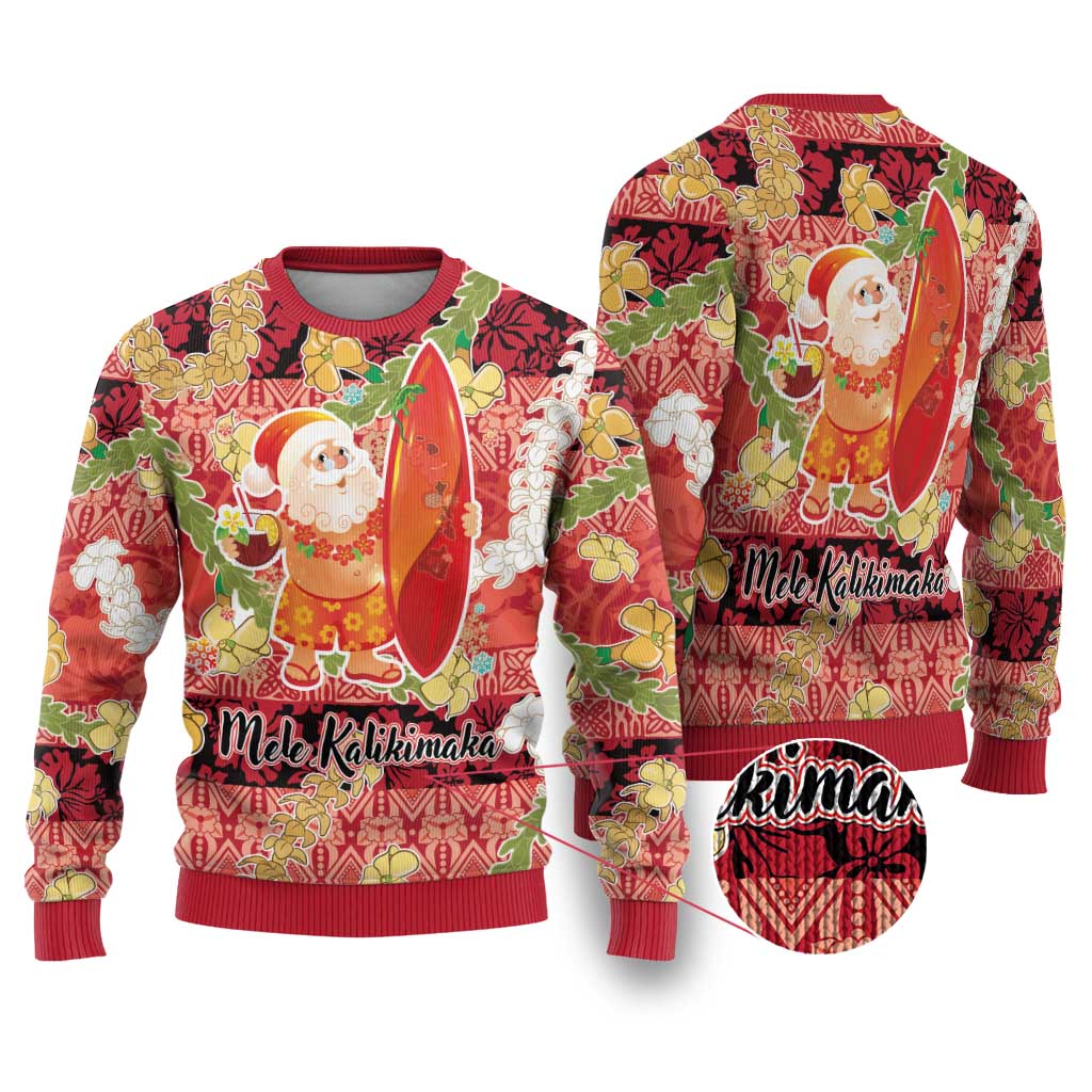Hawaii Santa Mele Kalikimaka Ugly Christmas Sweater Tropical Puakenikeni Lei with Polynesian Tribal Pattern LT03 Red - Polynesian Pride