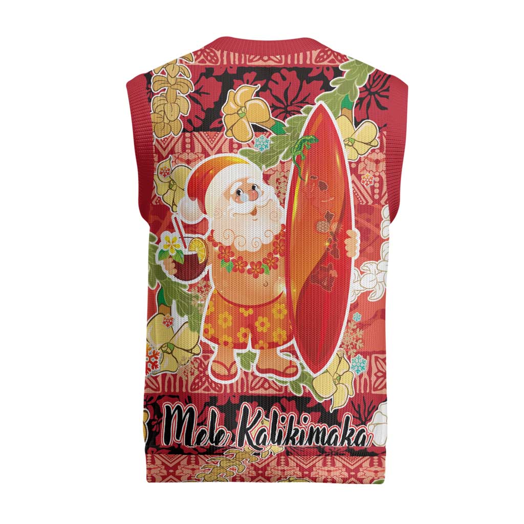 Hawaii Santa Mele Kalikimaka Christmas Knitted V-Neck Vest Tropical Puakenikeni Lei with Polynesian Tribal Pattern LT03 - Polynesian Pride