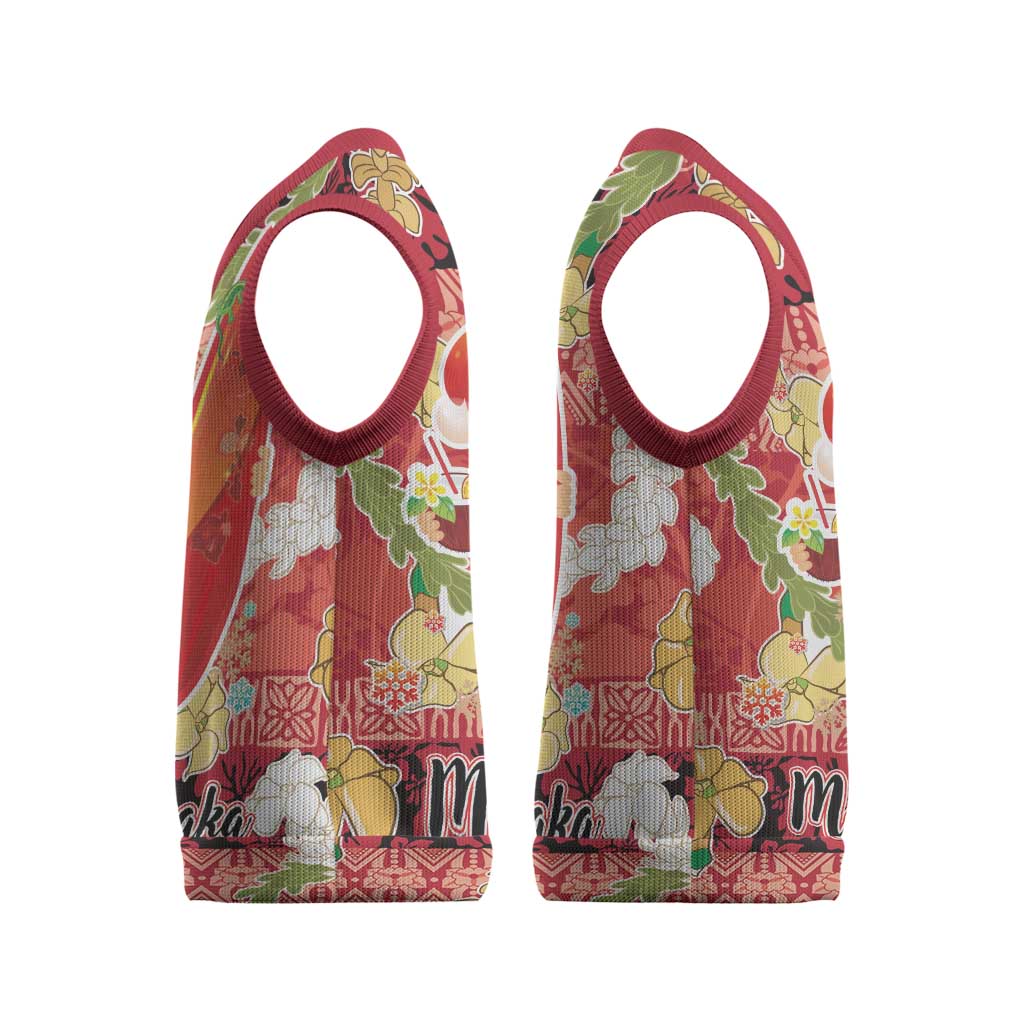 Hawaii Santa Mele Kalikimaka Christmas Knitted V-Neck Vest Tropical Puakenikeni Lei with Polynesian Tribal Pattern LT03 - Polynesian Pride