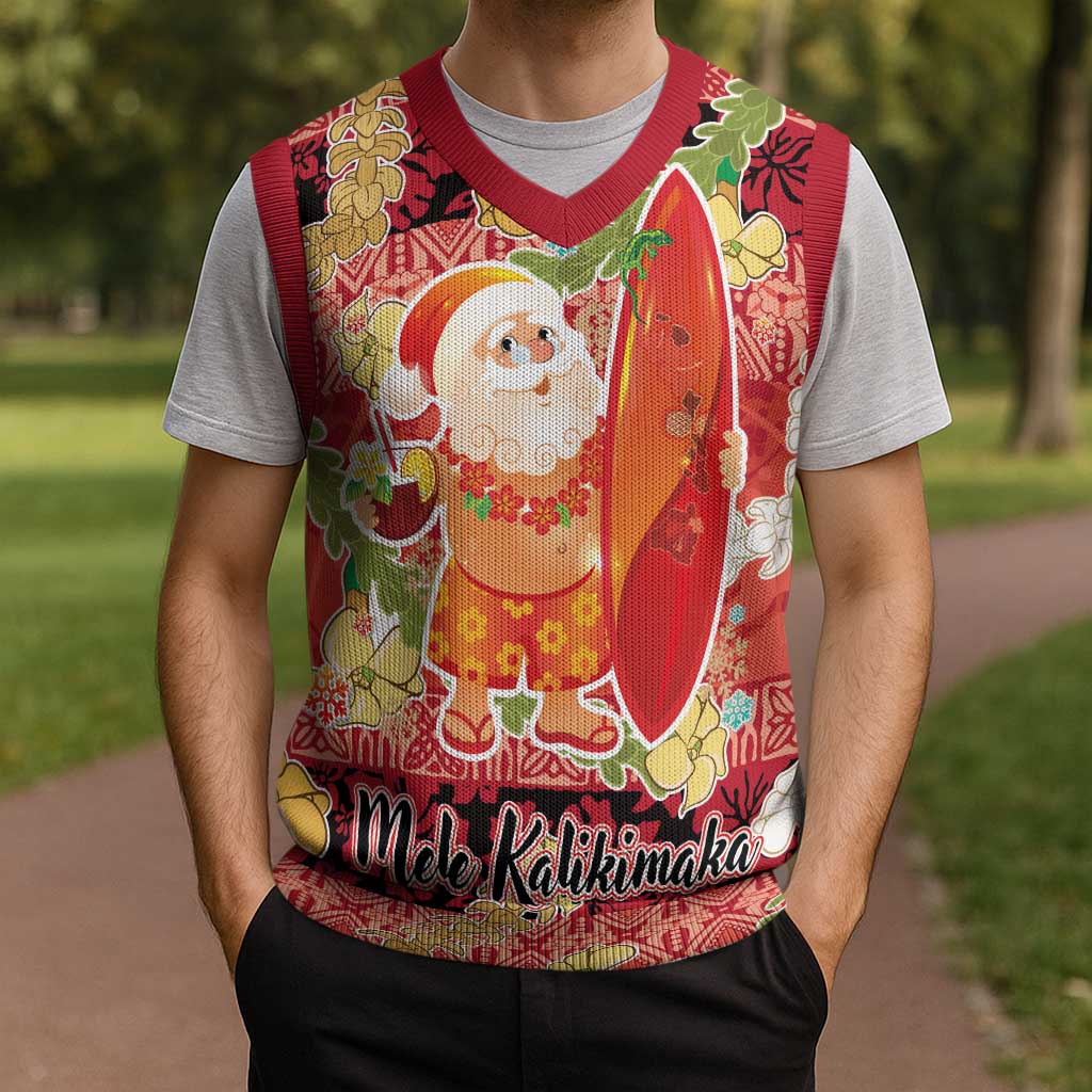 Hawaii Santa Mele Kalikimaka Christmas Knitted V-Neck Vest Tropical Puakenikeni Lei with Polynesian Tribal Pattern LT03 - Polynesian Pride