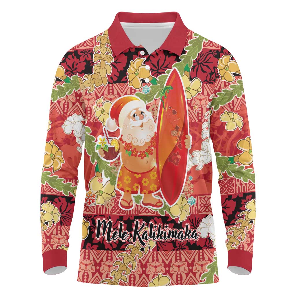 Hawaii Santa Mele Kalikimaka Long Sleeve Polo Shirt Tropical Puakenikeni Lei with Polynesian Tribal Pattern LT03 Red - Polynesian Pride