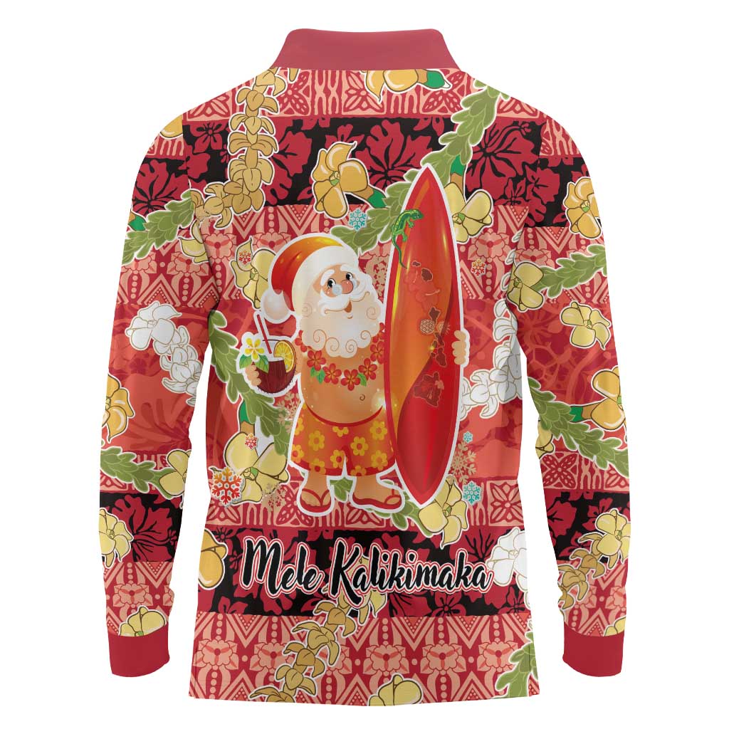 Hawaii Santa Mele Kalikimaka Long Sleeve Polo Shirt Tropical Puakenikeni Lei with Polynesian Tribal Pattern LT03 - Polynesian Pride