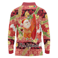 Hawaii Santa Mele Kalikimaka Long Sleeve Polo Shirt Tropical Puakenikeni Lei with Polynesian Tribal Pattern LT03 - Polynesian Pride