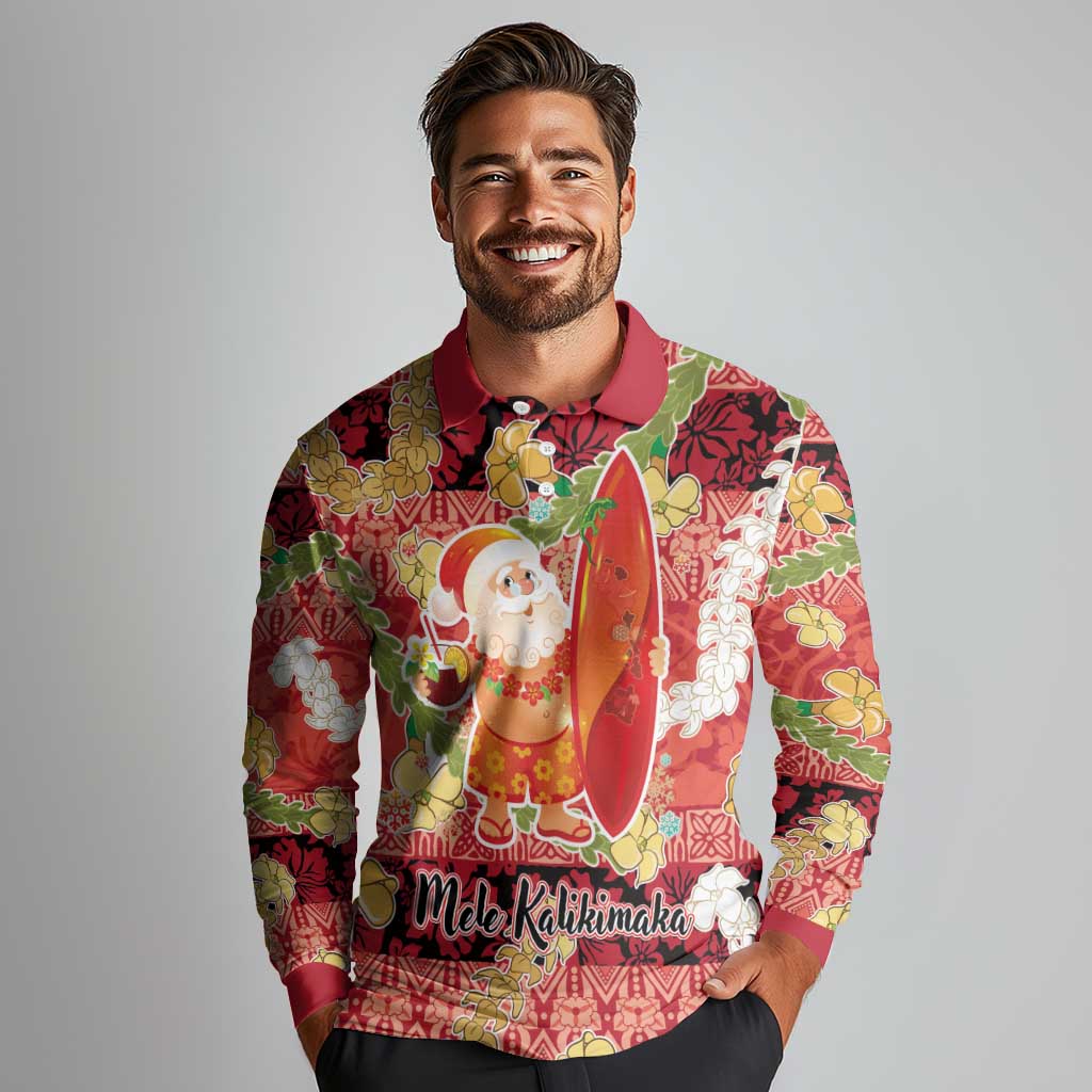 Hawaii Santa Mele Kalikimaka Long Sleeve Polo Shirt Tropical Puakenikeni Lei with Polynesian Tribal Pattern LT03 - Polynesian Pride