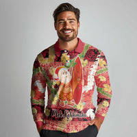 Hawaii Santa Mele Kalikimaka Long Sleeve Polo Shirt Tropical Puakenikeni Lei with Polynesian Tribal Pattern LT03 - Polynesian Pride