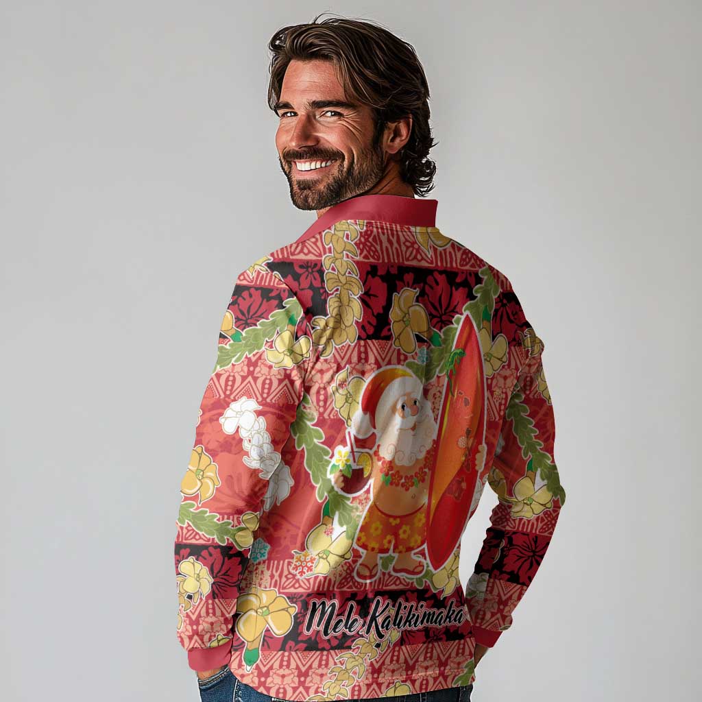 Hawaii Santa Mele Kalikimaka Long Sleeve Polo Shirt Tropical Puakenikeni Lei with Polynesian Tribal Pattern LT03 - Polynesian Pride