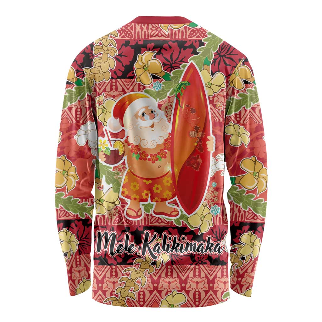 Hawaii Santa Mele Kalikimaka Long Sleeve Shirt Tropical Puakenikeni Lei with Polynesian Tribal Pattern LT03 - Polynesian Pride
