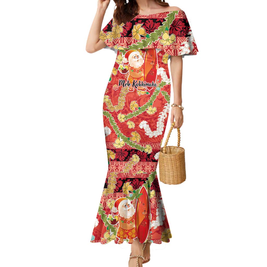 Hawaii Santa Mele Kalikimaka Mermaid Dress Tropical Puakenikeni Lei with Polynesian Tribal Pattern LT03 Women Red - Polynesian Pride