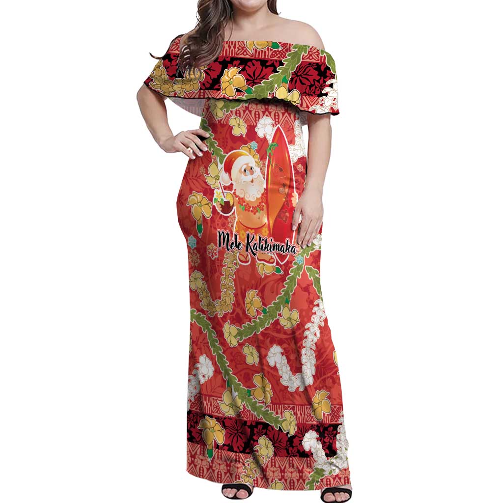 Hawaii Santa Mele Kalikimaka Off Shoulder Maxi Dress Tropical Puakenikeni Lei with Polynesian Tribal Pattern LT03 Women Red - Polynesian Pride