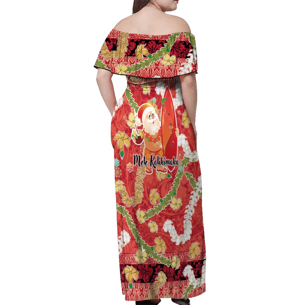 Hawaii Santa Mele Kalikimaka Off Shoulder Maxi Dress Tropical Puakenikeni Lei with Polynesian Tribal Pattern LT03 - Polynesian Pride