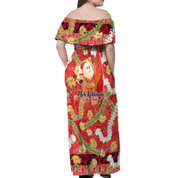 Hawaii Santa Mele Kalikimaka Off Shoulder Maxi Dress Tropical Puakenikeni Lei with Polynesian Tribal Pattern LT03 - Polynesian Pride