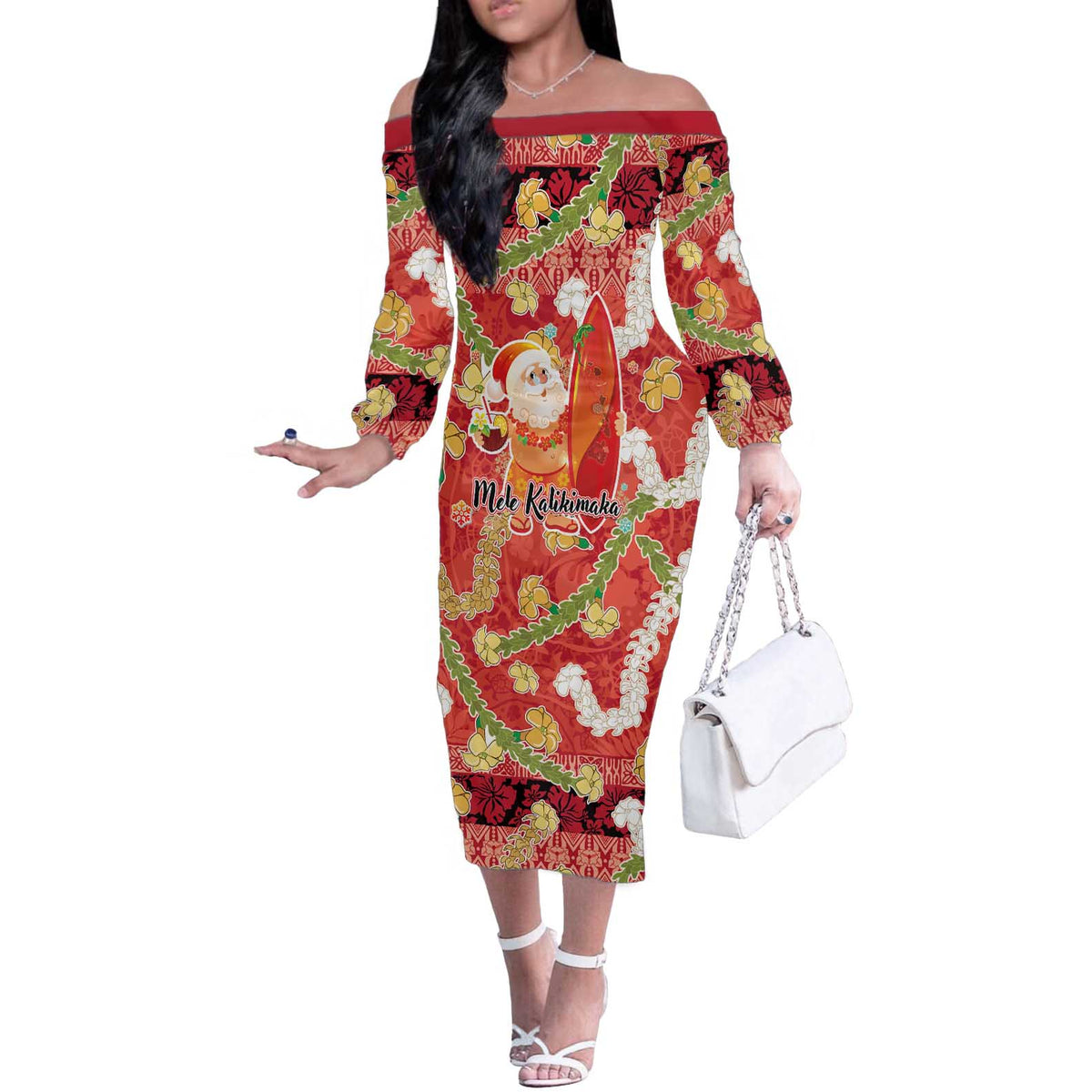 Hawaii Santa Mele Kalikimaka Off The Shoulder Long Sleeve Dress Tropical Puakenikeni Lei with Polynesian Tribal Pattern LT03 Women Red - Polynesian Pride