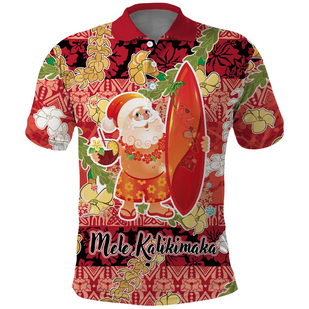 Hawaii Santa Mele Kalikimaka Polo Shirt Tropical Puakenikeni Lei with Polynesian Tribal Pattern LT03 Red - Polynesian Pride