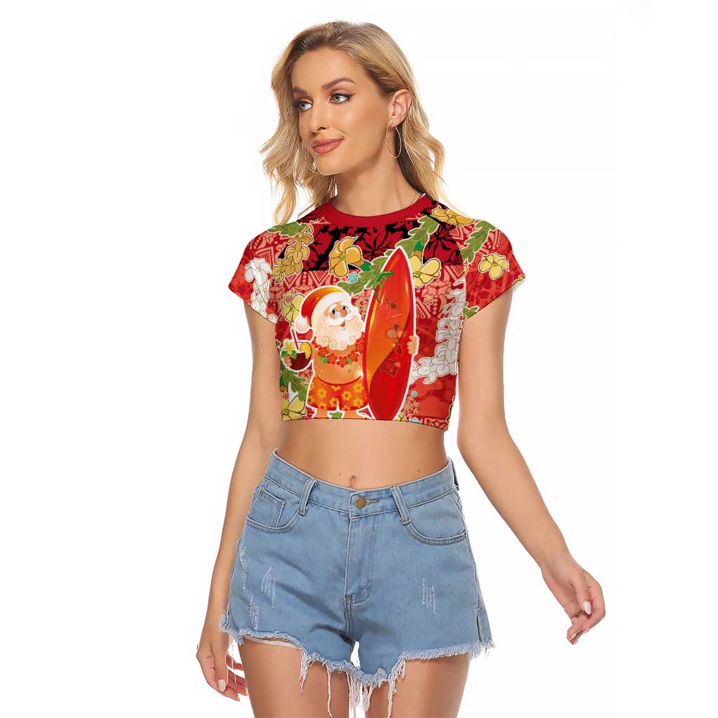 Hawaii Santa Mele Kalikimaka Raglan Cropped T Shirt Tropical Puakenikeni Lei with Polynesian Tribal Pattern - Polynesian Pride
