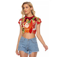 Hawaii Santa Mele Kalikimaka Raglan Cropped T Shirt Tropical Puakenikeni Lei with Polynesian Tribal Pattern LT03 Female Red - Polynesian Pride