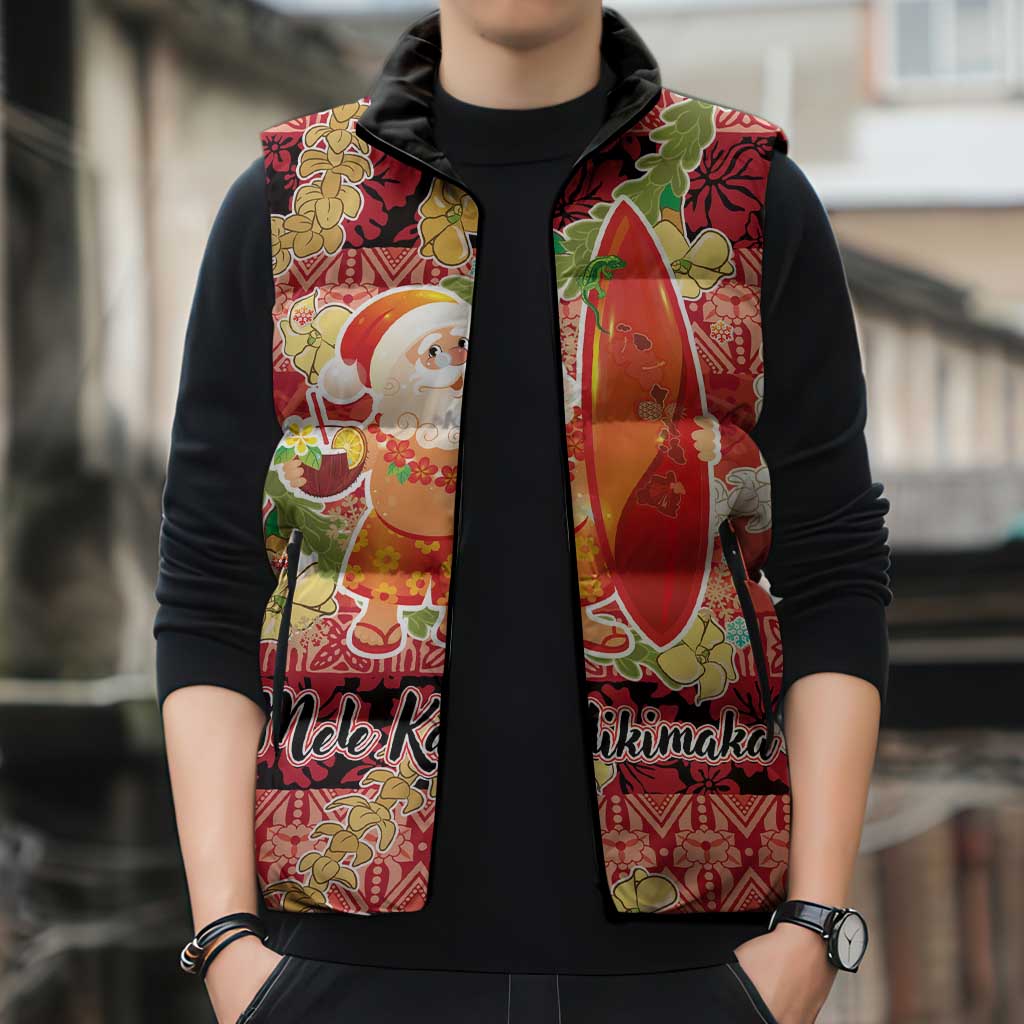 Hawaii Santa Mele Kalikimaka Sleeveless Puffer Jacket Tropical Puakenikeni Lei with Polynesian Tribal Pattern - Polynesian Pride