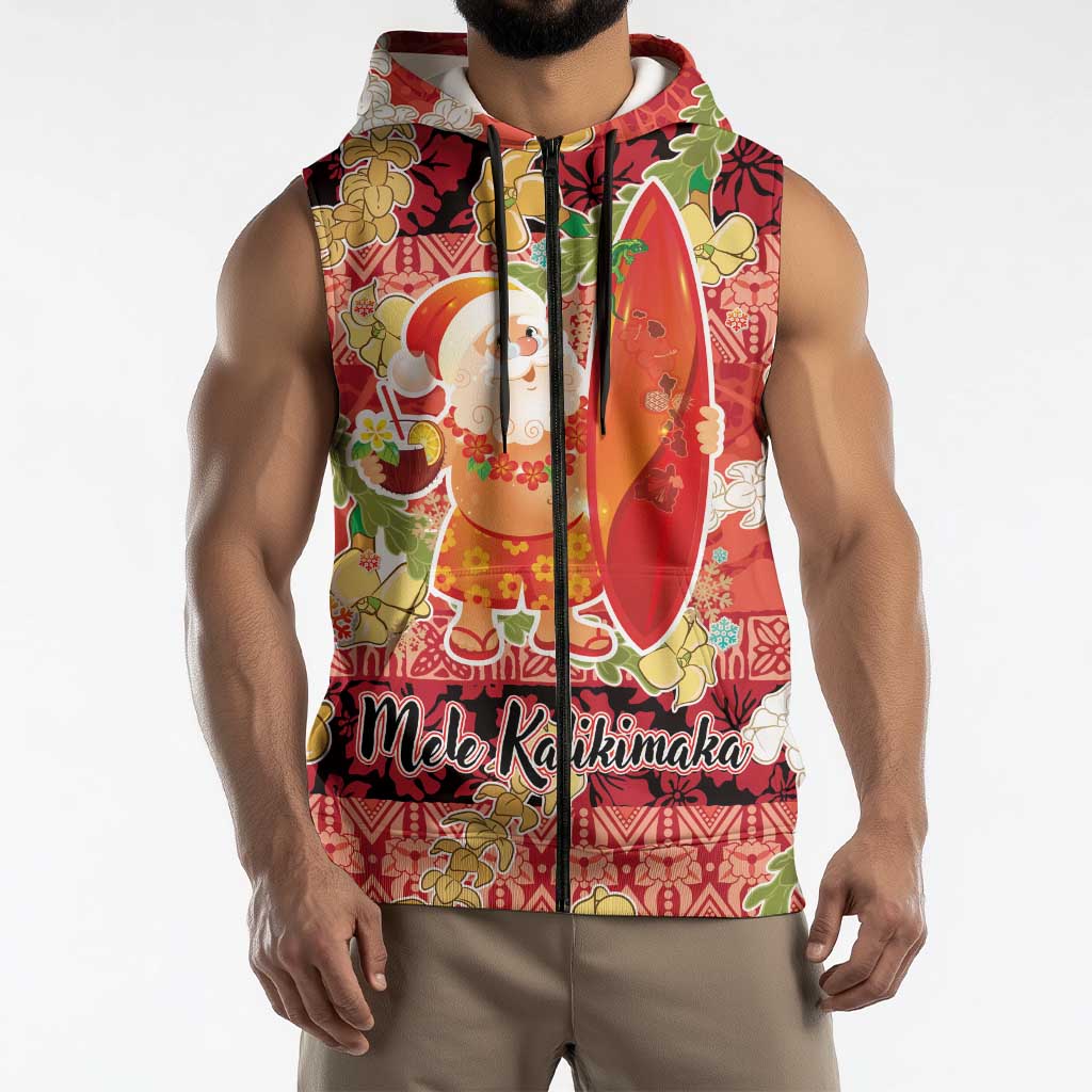 Hawaii Santa Mele Kalikimaka Sleeveless Zip Hoodie Tropical Puakenikeni Lei with Polynesian Tribal Pattern LT03 - Polynesian Pride