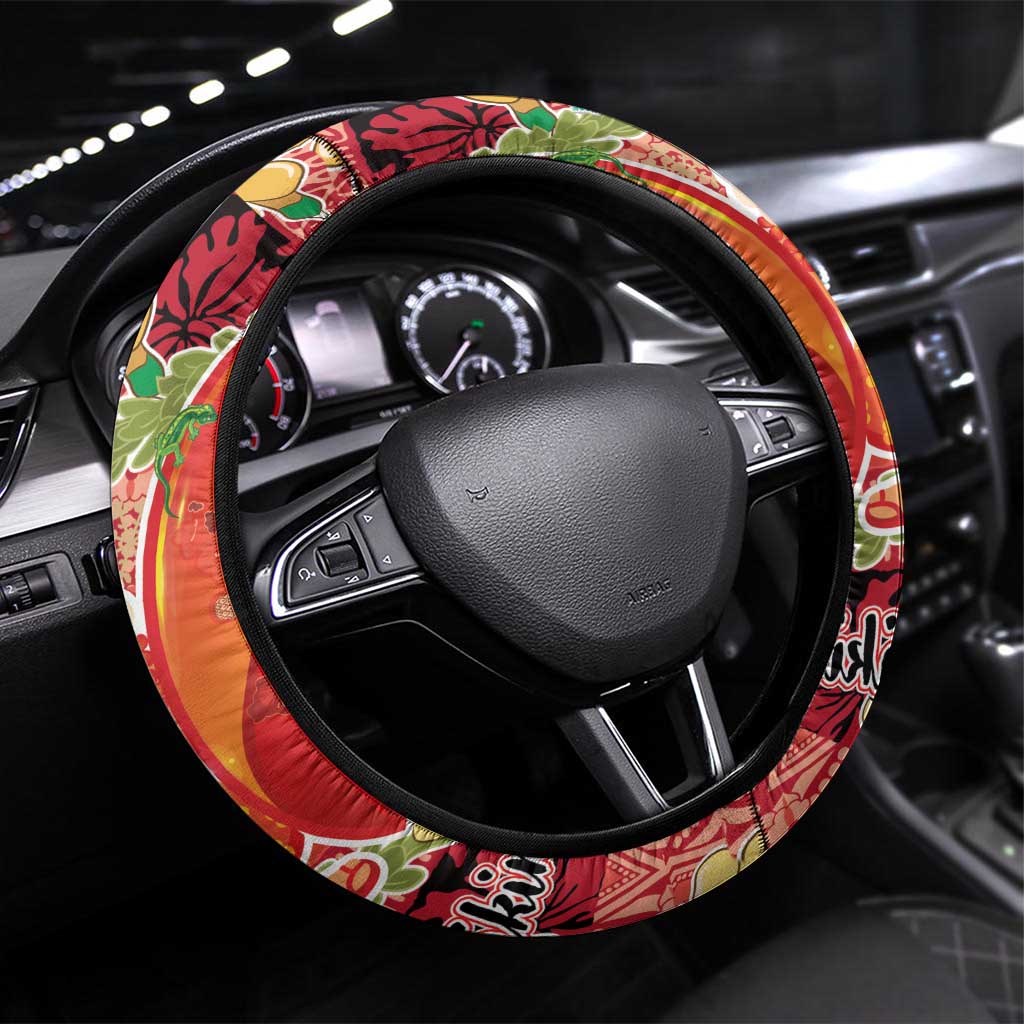 Hawaii Santa Mele Kalikimaka Steering Wheel Cover Tropical Puakenikeni Lei with Polynesian Tribal Pattern LT03 Universal Fit Red - Polynesian Pride