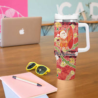 Hawaii Santa Mele Kalikimaka Tumbler With Handle Tropical Puakenikeni Lei with Polynesian Tribal Pattern - Polynesian Pride