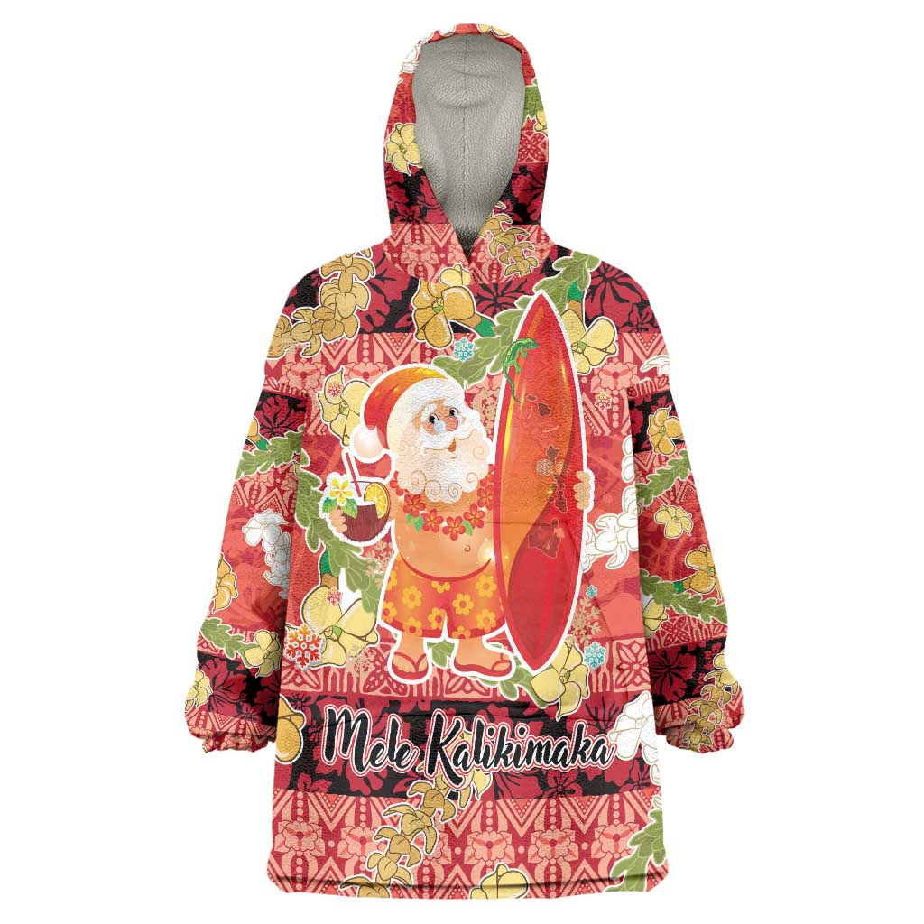 Hawaii Santa Mele Kalikimaka Wearable Blanket Hoodie Tropical Puakenikeni Lei with Polynesian Tribal Pattern LT03 One Size Red - Polynesian Pride