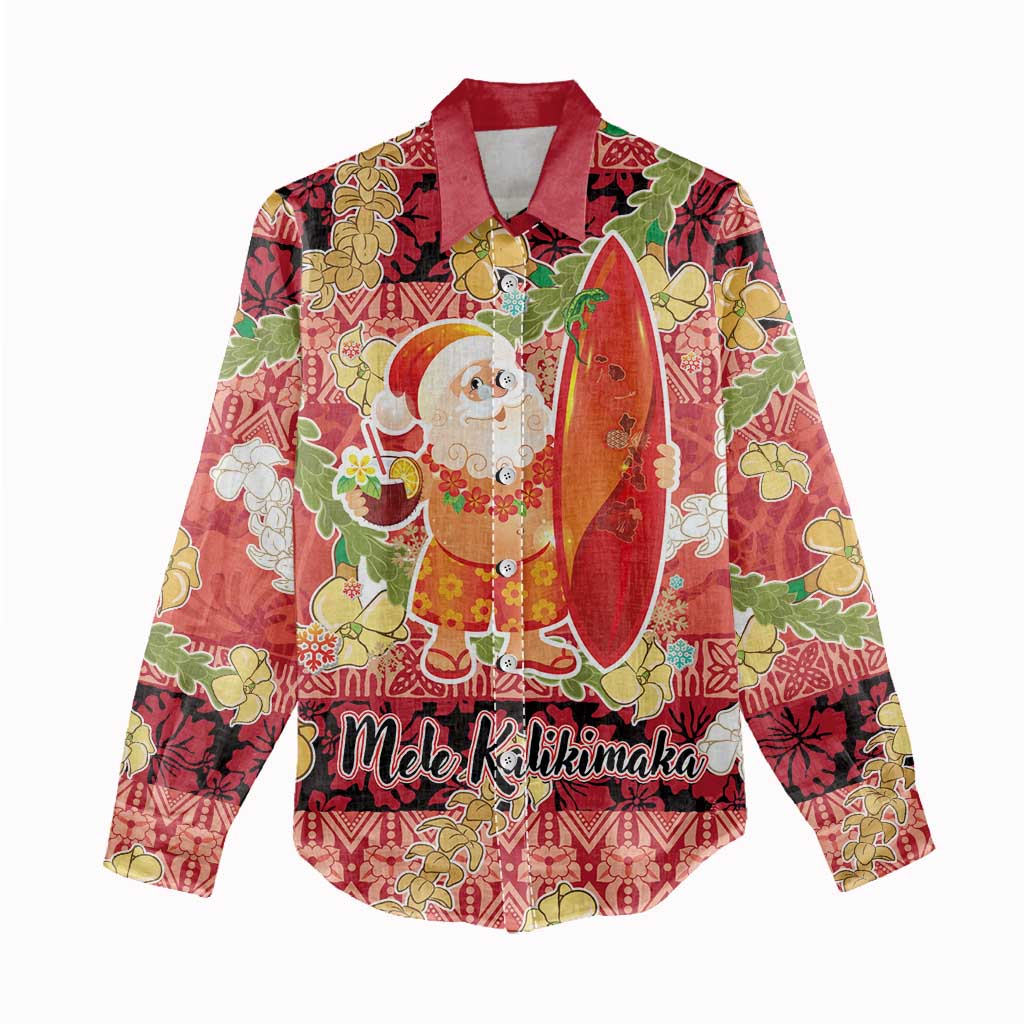 Hawaii Santa Mele Kalikimaka Women Casual Shirt Tropical Puakenikeni Lei with Polynesian Tribal Pattern - Polynesian Pride