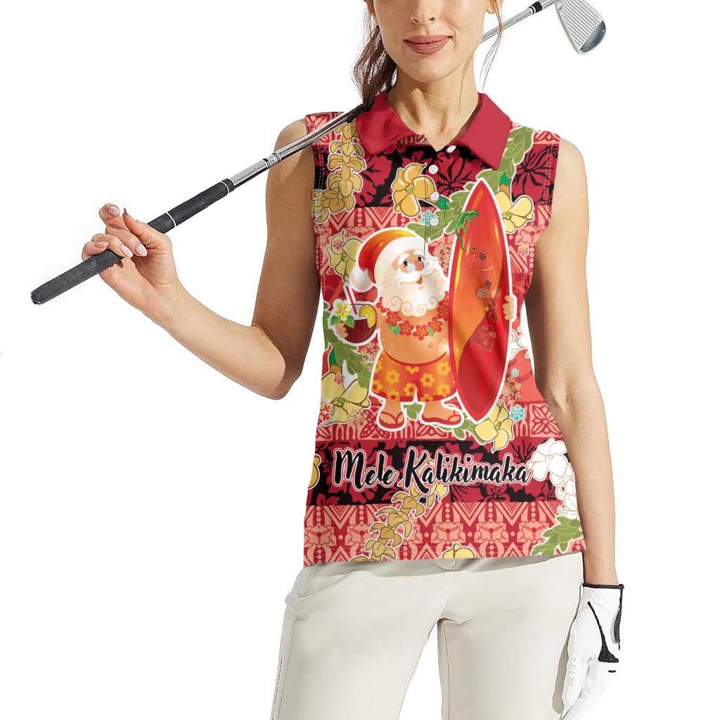 Hawaii Santa Mele Kalikimaka Women Sleeveless Polo Shirt Tropical Puakenikeni Lei with Polynesian Tribal Pattern LT03 - Polynesian Pride