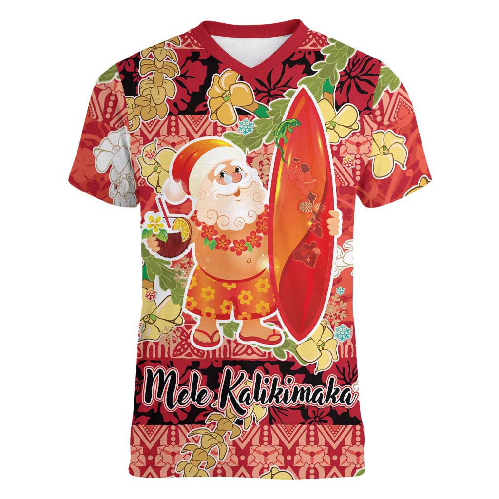Hawaii Santa Mele Kalikimaka Women V-Neck T-Shirt Tropical Puakenikeni Lei with Polynesian Tribal Pattern - Polynesian Pride