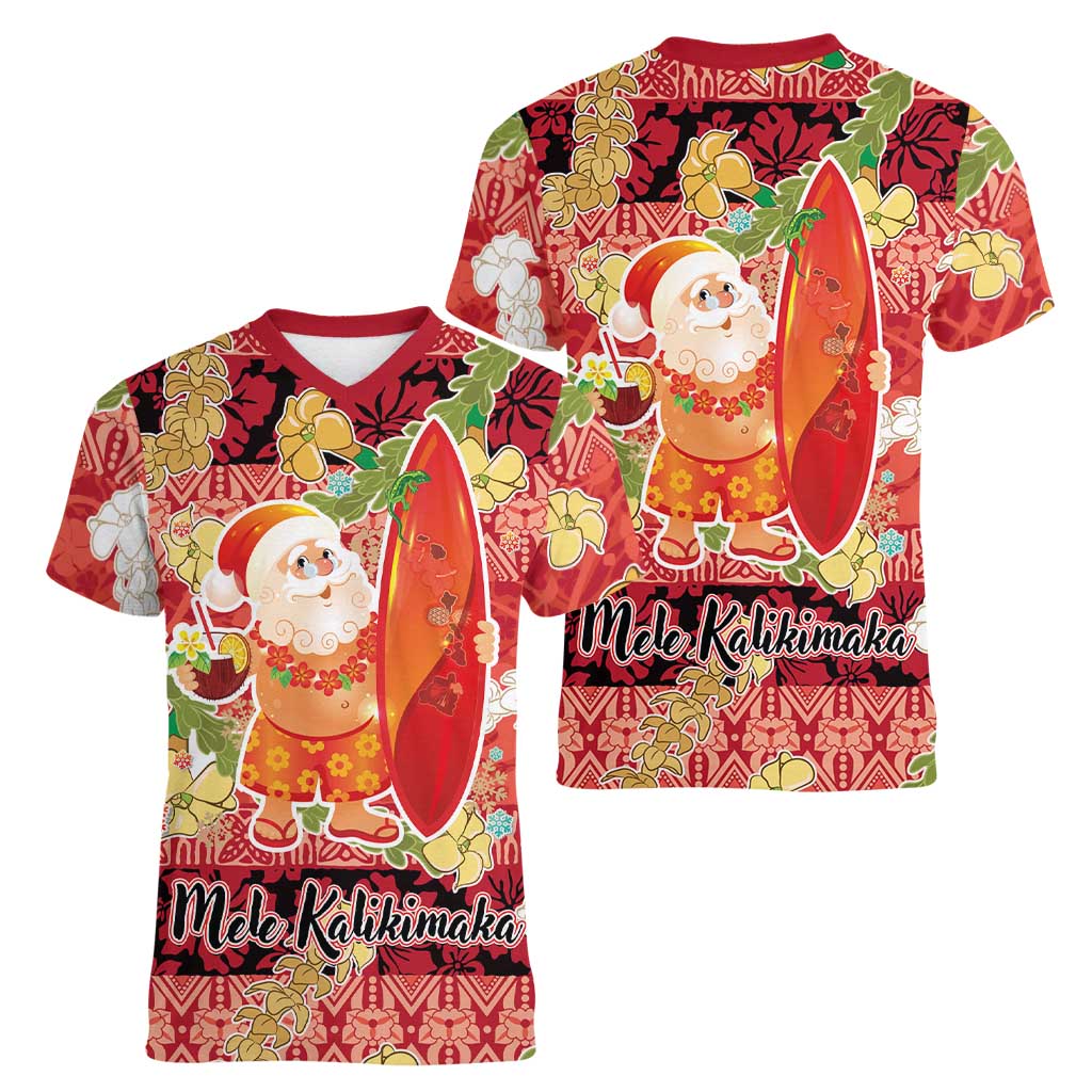 Hawaii Santa Mele Kalikimaka Women V-Neck T-Shirt Tropical Puakenikeni Lei with Polynesian Tribal Pattern LT03 - Polynesian Pride