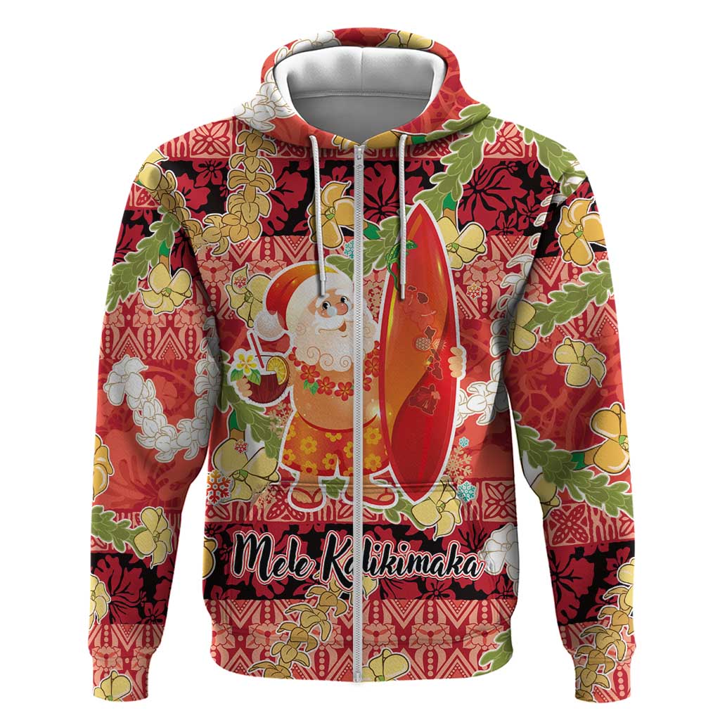 Hawaii Santa Mele Kalikimaka Zip Hoodie Tropical Puakenikeni Lei with Polynesian Tribal Pattern LT03 Zip Hoodie Red - Polynesian Pride