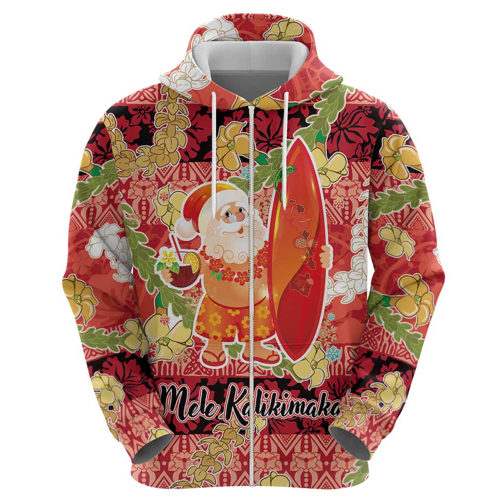 Hawaii Santa Mele Kalikimaka Zip Hoodie Tropical Puakenikeni Lei with Polynesian Tribal Pattern LT03 - Polynesian Pride