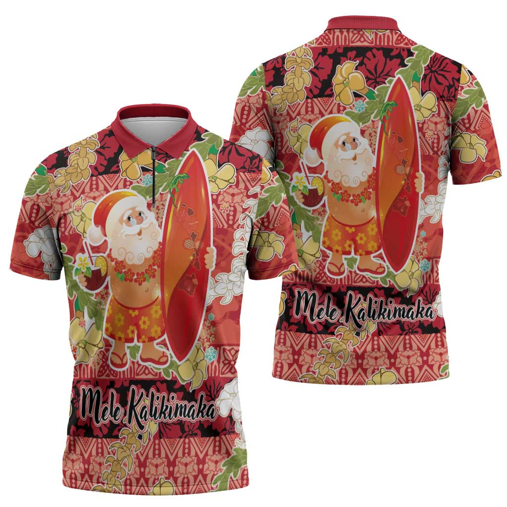 Hawaii Santa Mele Kalikimaka Zipper Polo Shirt Tropical Puakenikeni Lei with Polynesian Tribal Pattern LT03 - Polynesian Pride