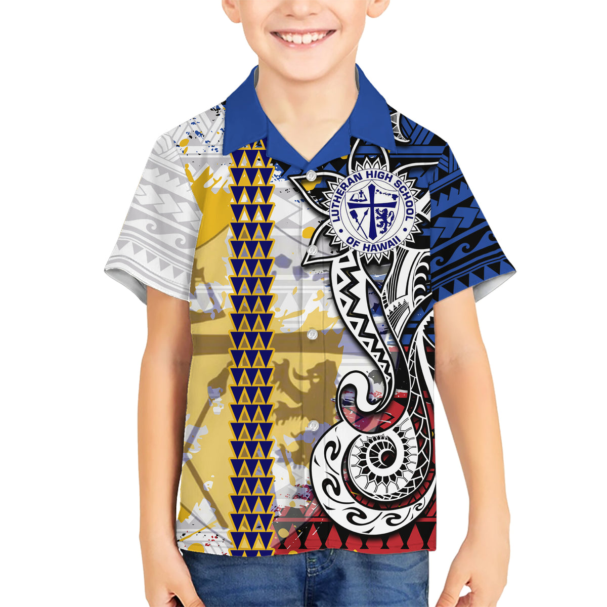 Hawaii Lutheran High School Family Matching Short Sleeve Bodycon Dress and Hawaiian Shirt Kakau Pattern Splash Style LT03 Son's Shirt Red - Polynesian Pride