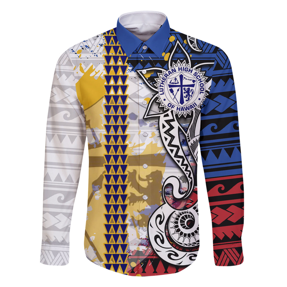 Hawaii Lutheran High School Family Matching Tank Maxi Dress and Hawaiian Shirt Kakau Pattern Splash Style LT03 Dad's Shirt - Long Sleeve Red - Polynesian Pride