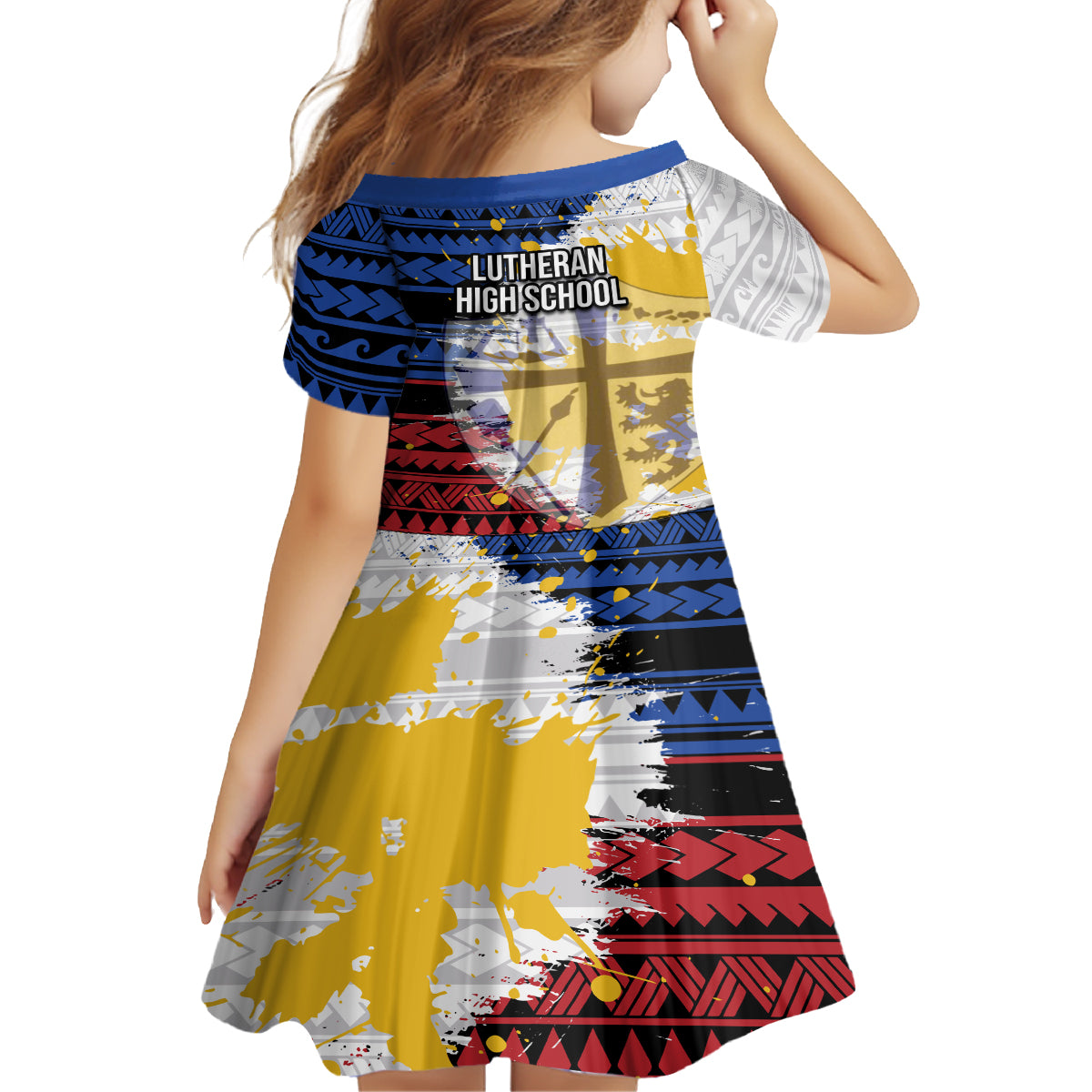 Hawaii Lutheran High School Kid Short Sleeve Dress Kakau Pattern Splash Style LT03 - Polynesian Pride