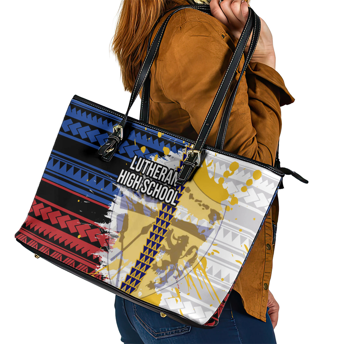 Hawaii Lutheran High School Leather Tote Bag Kakau Pattern Splash Style LT03 - Polynesian Pride