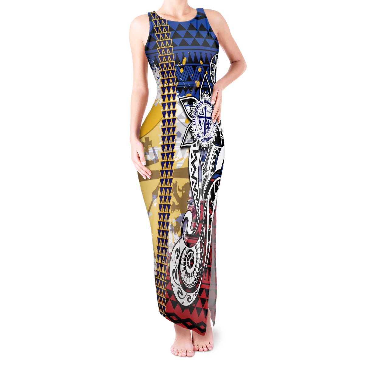 Hawaii Lutheran High School Tank Maxi Dress Kakau Pattern Splash Style LT03 Women Red - Polynesian Pride