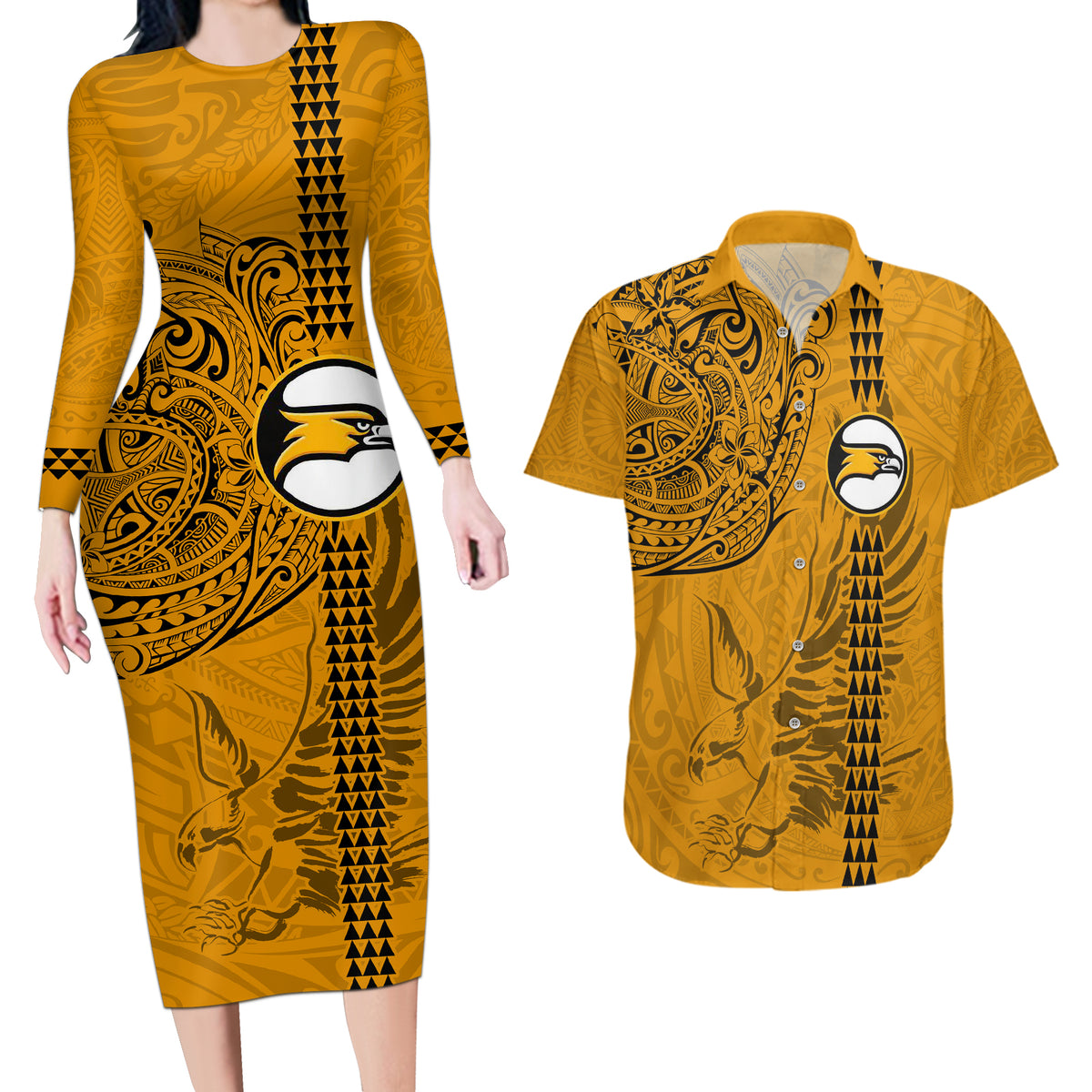 Nanakuli High and Intermediate School Couples Matching Long Sleeve Bodycon Dress and Hawaiian Shirt Tribal Kakau Pattern LT03 Yellow - Polynesian Pride