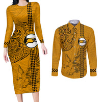 Nanakuli High and Intermediate School Couples Matching Long Sleeve Bodycon Dress and Long Sleeve Button Shirt Tribal Kakau Pattern LT03 Yellow - Polynesian Pride