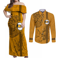 Nanakuli High and Intermediate School Couples Matching Off Shoulder Maxi Dress and Long Sleeve Button Shirt Tribal Kakau Pattern LT03 Yellow - Polynesian Pride