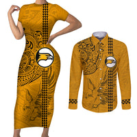Nanakuli High and Intermediate School Couples Matching Short Sleeve Bodycon Dress and Long Sleeve Button Shirt Tribal Kakau Pattern LT03 Yellow - Polynesian Pride