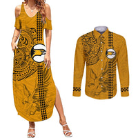 Nanakuli High and Intermediate School Couples Matching Summer Maxi Dress and Long Sleeve Button Shirt Tribal Kakau Pattern LT03 Yellow - Polynesian Pride