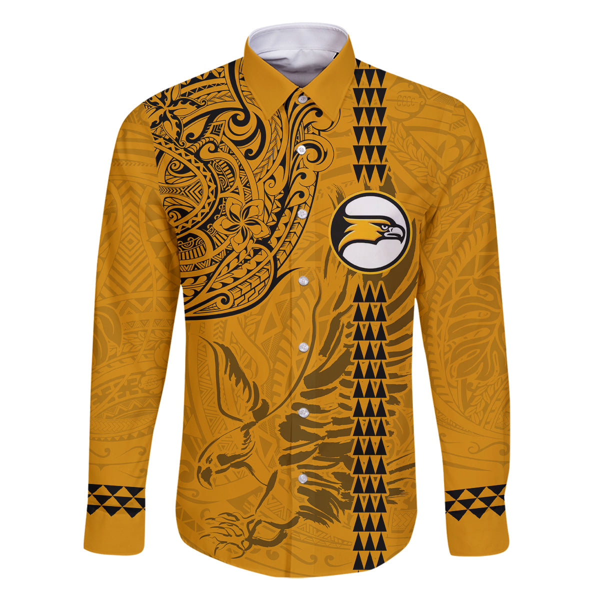 Nanakuli High and Intermediate School Family Matching Mermaid Dress and Hawaiian Shirt Tribal Kakau Pattern LT03 Dad's Shirt - Long Sleeve Yellow - Polynesian Pride