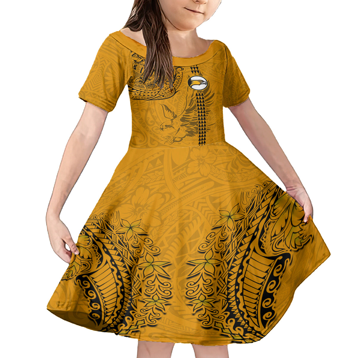 Nanakuli High and Intermediate School Family Matching Off Shoulder Short Dress and Hawaiian Shirt Tribal Kakau Pattern LT03 Daughter's Dress Yellow - Polynesian Pride