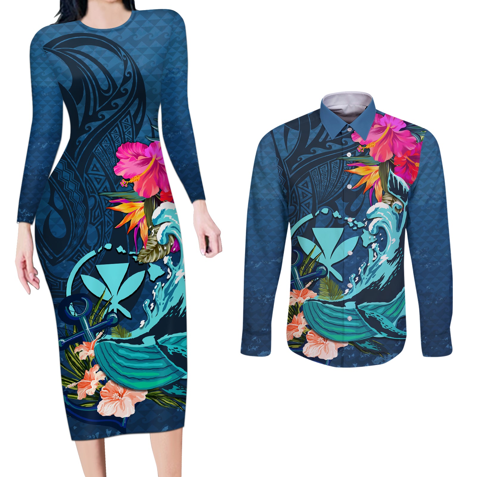 Hawaii Couples Matching Long Sleeve Bodycon Dress and Long Sleeve Button Shirt Whale Mix Hibiscus and Kanaka Maoli Blue Version LT03 Blue - Polynesian Pride