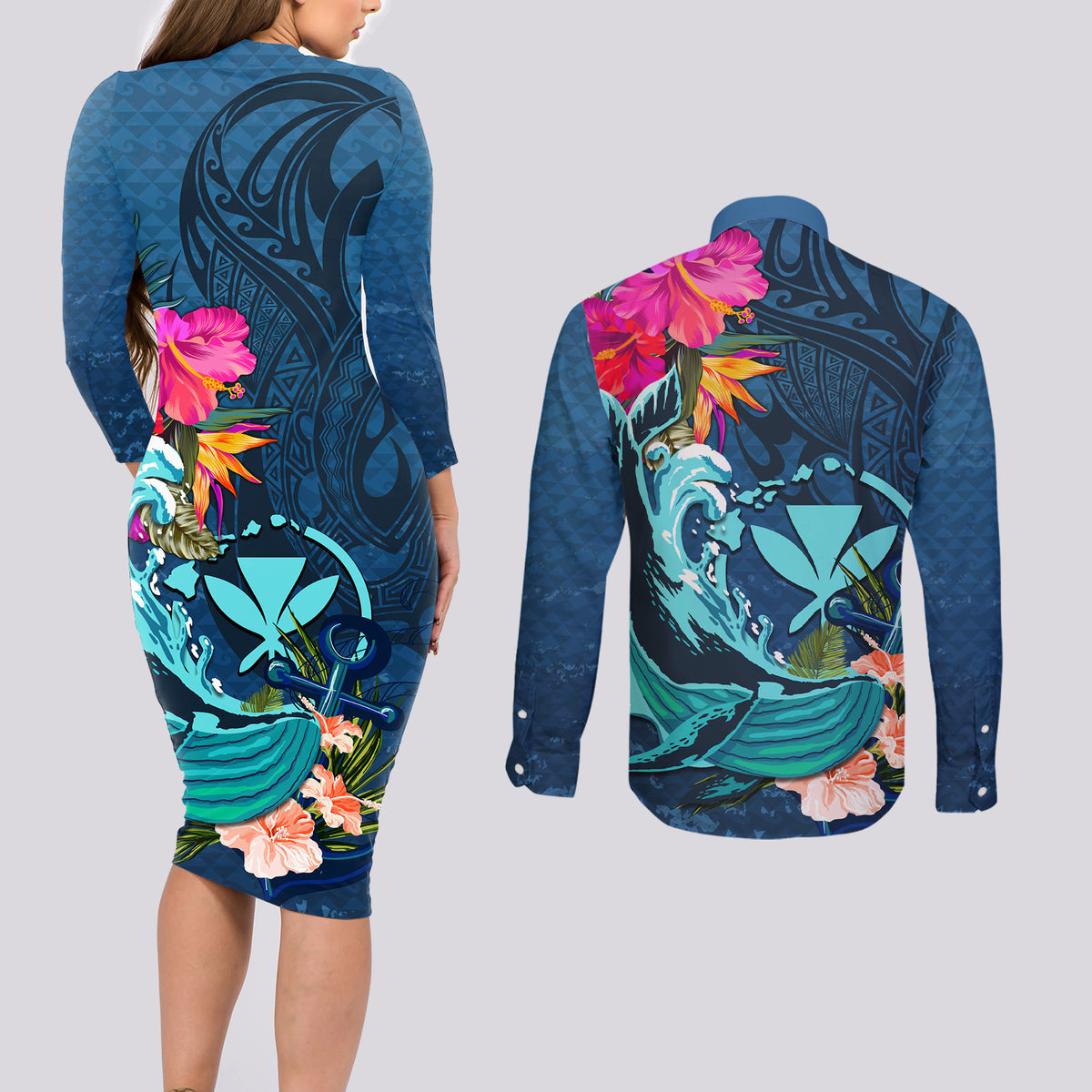 Hawaii Couples Matching Long Sleeve Bodycon Dress and Long Sleeve Button Shirt Whale Mix Hibiscus and Kanaka Maoli Blue Version LT03 - Polynesian Pride