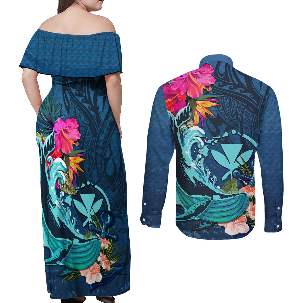 Hawaii Couples Matching Off Shoulder Maxi Dress and Long Sleeve Button Shirt Whale Mix Hibiscus and Kanaka Maoli Blue Version LT03 - Polynesian Pride