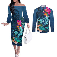 Hawaii Couples Matching Off The Shoulder Long Sleeve Dress and Long Sleeve Button Shirt Whale Mix Hibiscus and Kanaka Maoli Blue Version LT03 Blue - Polynesian Pride