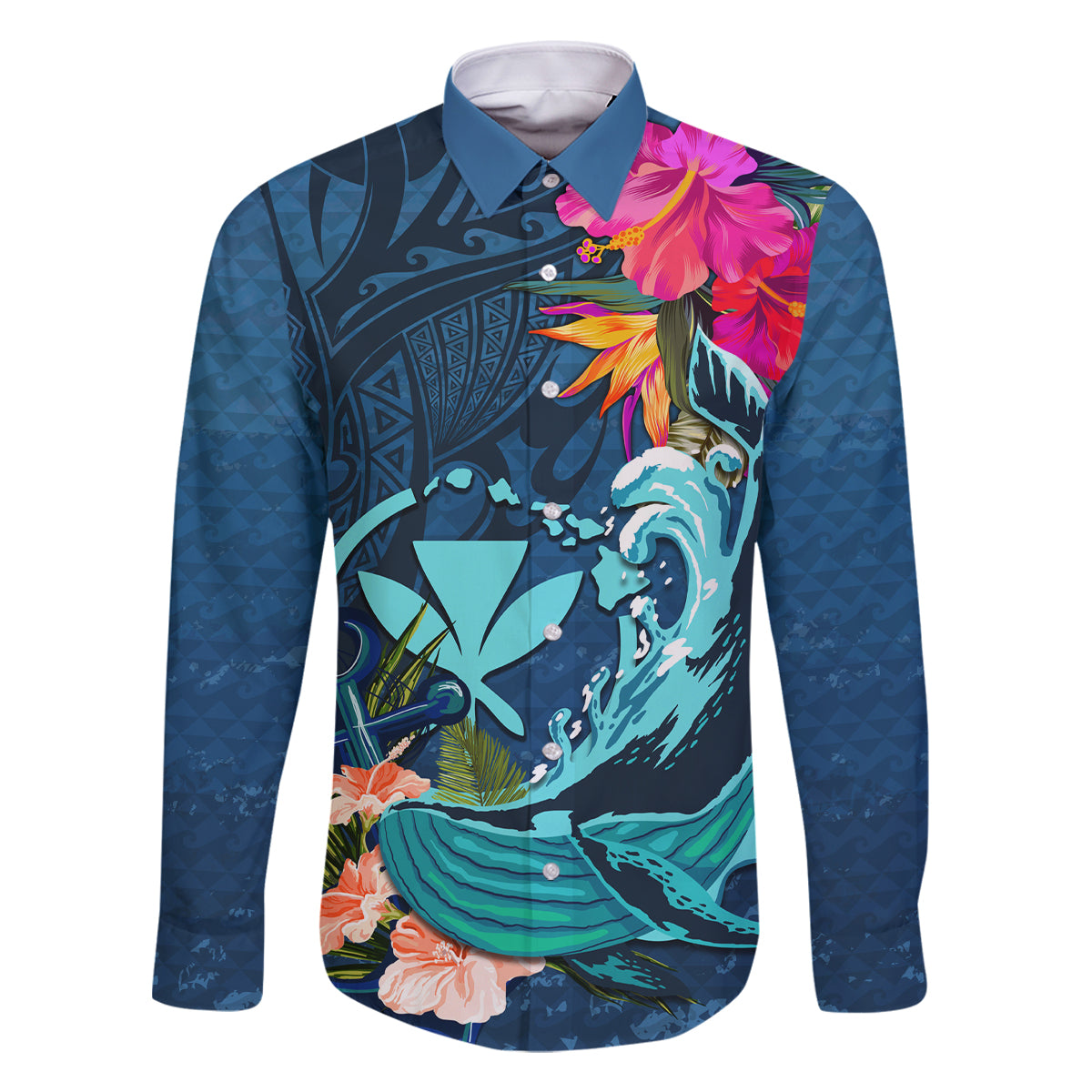 Hawaii Family Matching Off Shoulder Short Dress and Hawaiian Shirt Whale Mix Hibiscus and Kanaka Maoli Blue Version LT03 Dad's Shirt - Long Sleeve Blue - Polynesian Pride